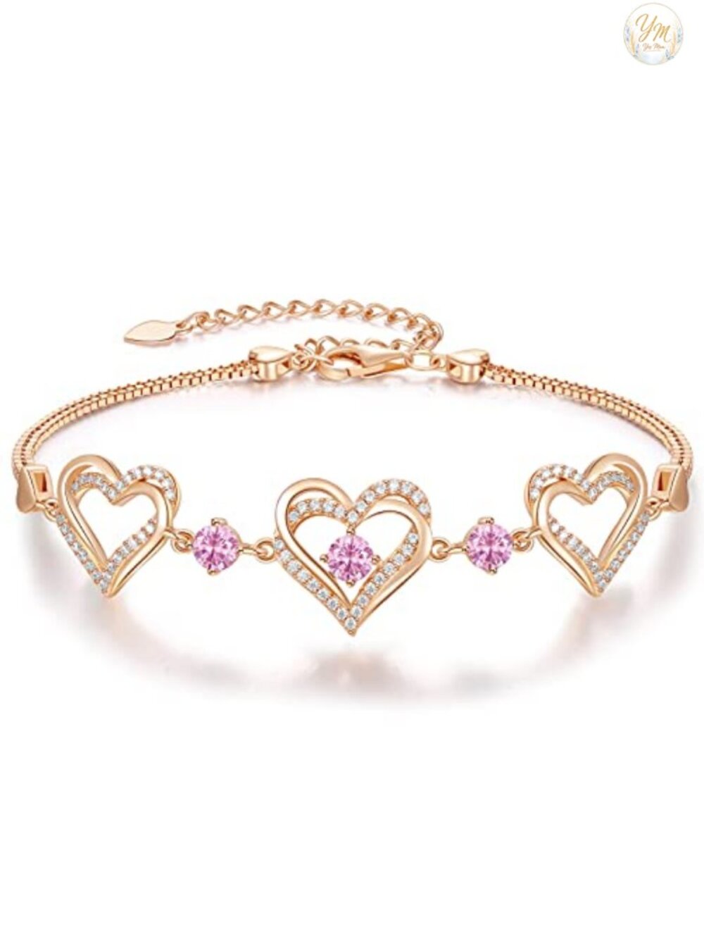 18K Rose Gold Plated Heart Link Bracelet AAAAA Cubic Zirconia Birthstone Gift